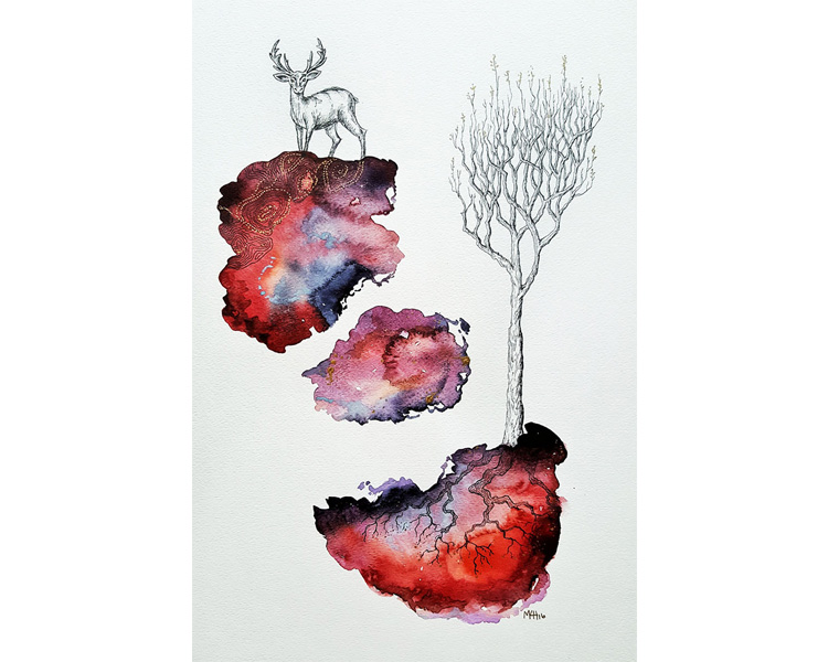 Original Watercolor & India Ink Painting, The Stag The Shadows, by Designer and Artist Megan Harris
