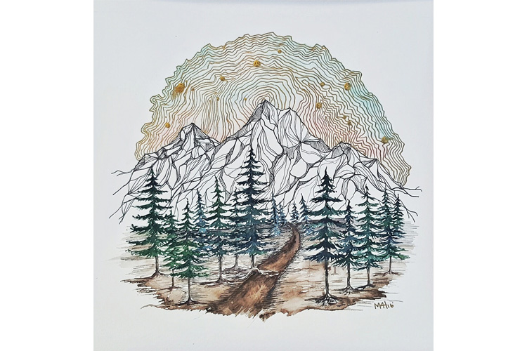 Original Watercolor & India Ink Painting, The Mountains The Moments, by Designer and Artist Megan Harris