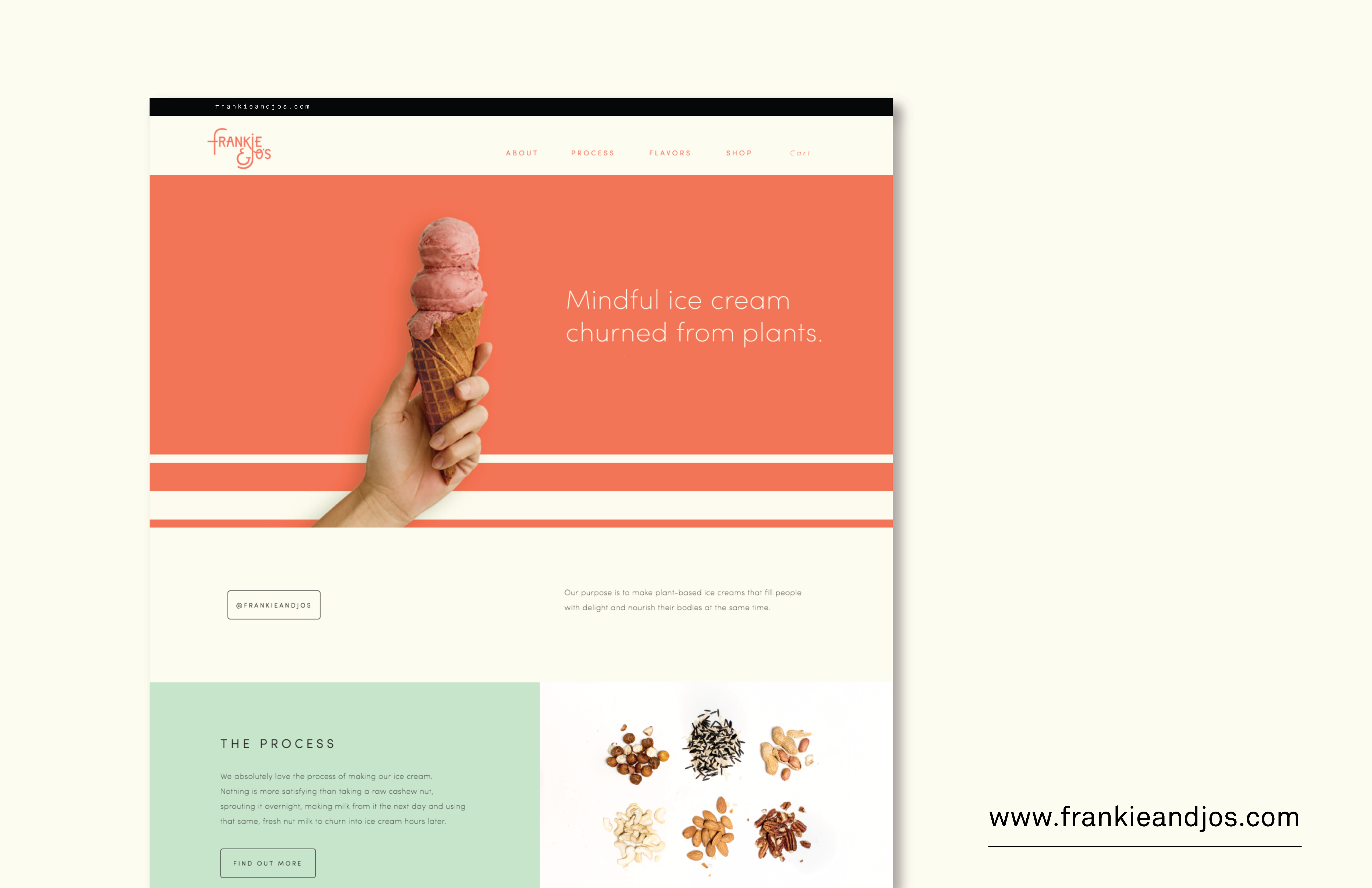 Frankie & Jo’s website reflects the idea of making mindful ice cream that uses tasty and unique fruits, vegetables, plants, and trees.
